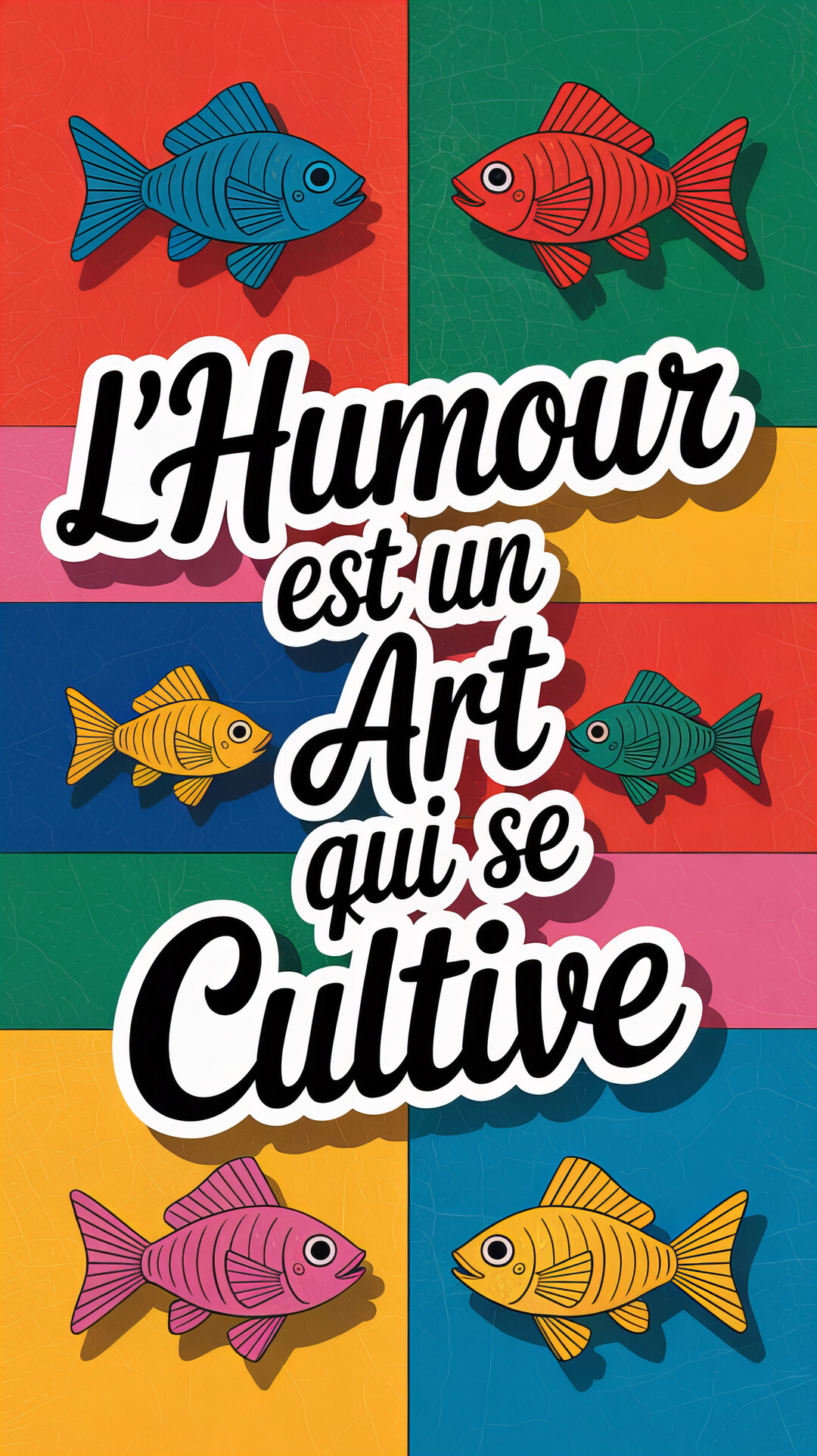 Une illustration graphique présente six poissons colorés sur des fonds vifs, avec le texte central "L'Humour est un Art qui se Cultive".