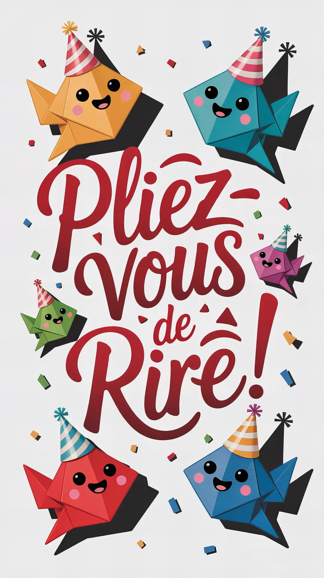 Des poissons multicolores de style origami avec des visages souriants et des chapeaux de fête flottent parmi des confettis sur un fond blanc.