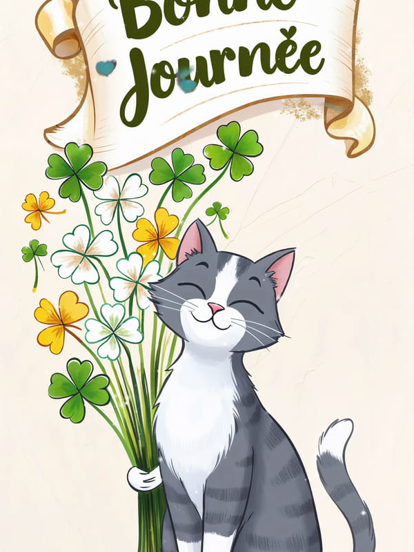 Carte pour Vendredi 13 avec un chat mignon tenant un bouquet de trèfles porte-bonheur. Texte 'Bonne Journée' sur une bannière.