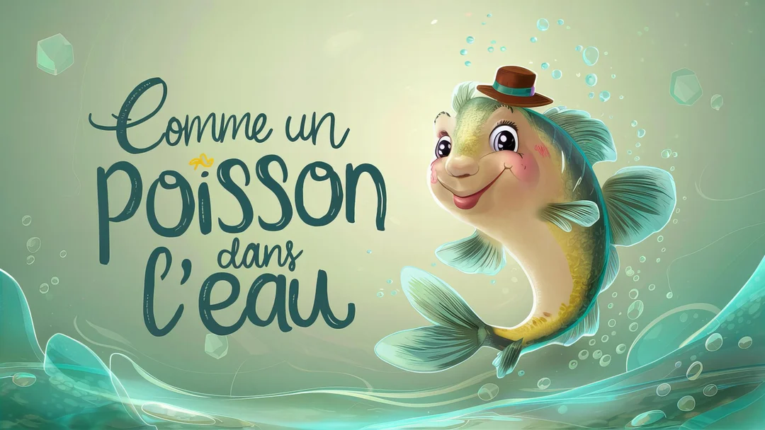 La carte représente un poisson de dessin animé, coiffé d'un chapeau melon, qui sourit dans un décor aquatique verdâtre avec des bulles.