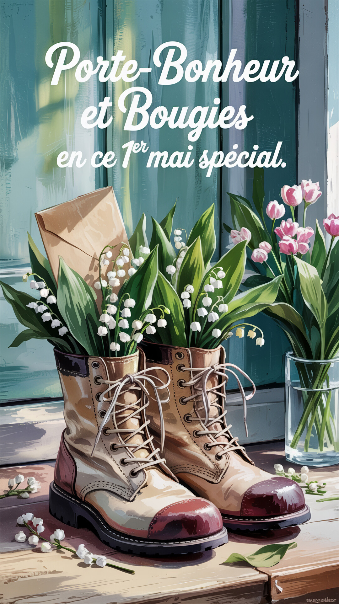 Une illustration montre une paire de bottines remplies de muguet porte-bonheur, posée à côté d'un vase de tulipes roses devant une porte.