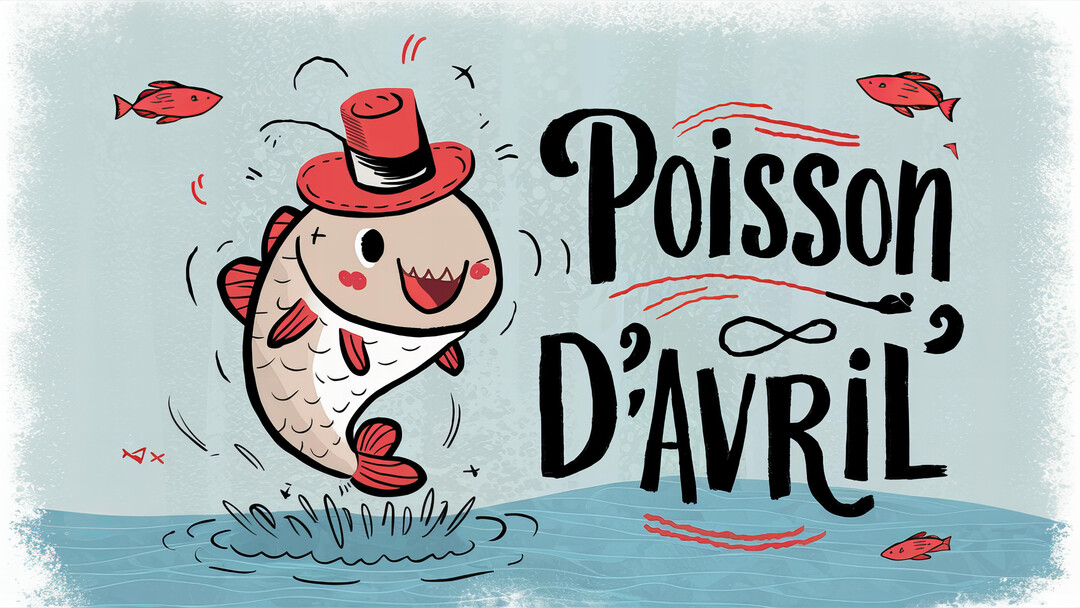 Un poisson de style cartoon avec un chapeau haut-de-forme rouge saute joyeusement hors de l'eau à côté du lettrage noir 'Poisson D'avril'.