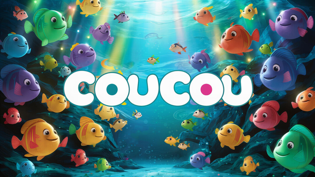 Une illustration sous-marine de style cartoon montre un grand banc de poissons multicolores et souriants, avec le mot "Coucou" en blanc au centre.