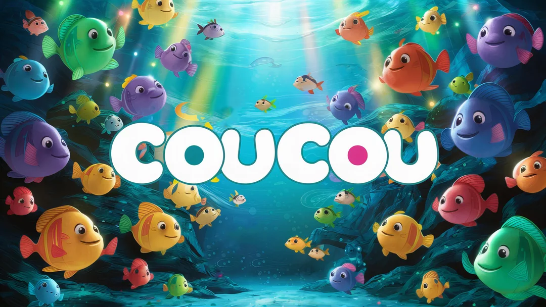 Une illustration sous-marine de style cartoon montre un grand banc de poissons multicolores et souriants, avec le mot "Coucou" en blanc au centre.
