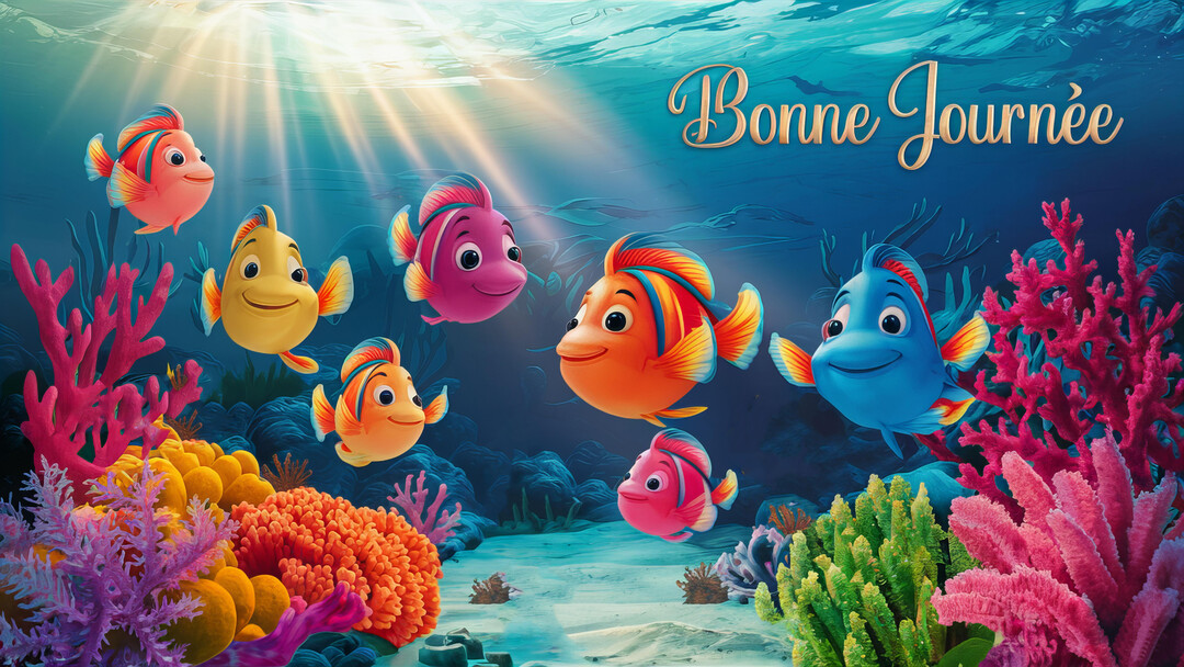Une scène sous-marine de style 3D montre un groupe de poissons multicolores et souriants nageant joyeusement au-dessus d'un récif corallien coloré.