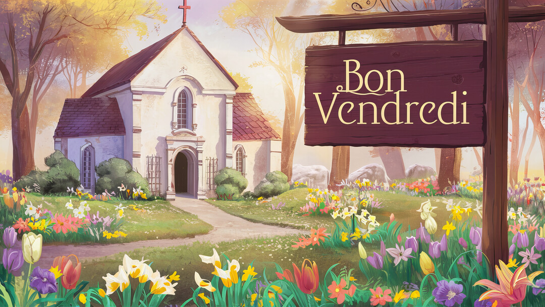 Une illustration bucolique d'une petite église blanche au milieu d'un jardin fleuri, avec un panneau en bois indiquant 'Bon Vendredi'.