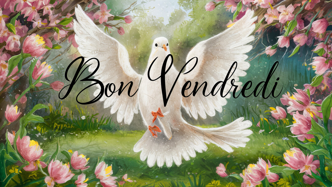 Une illustration de style peinture montre une colombe blanche au centre d'un jardin fleuri, avec le texte "Bon Vendredi Saint" superposé.