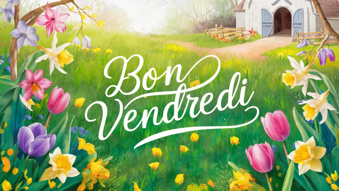 Une illustration d'un champ verdoyant fleuri de tulipes et jonquilles, avec le texte 'Bon Vendredi' en calligraphie blanche au centre.