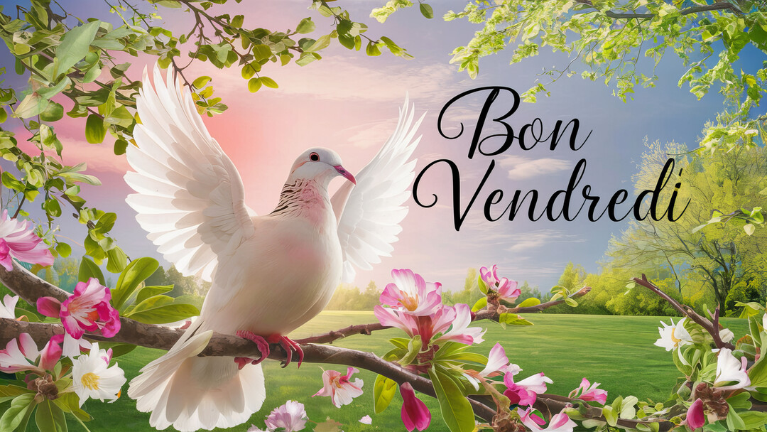 Une colombe blanche, ailes déployées, est posée sur une branche fleurie rose, sur fond de paysage verdoyant et de ciel pastel.