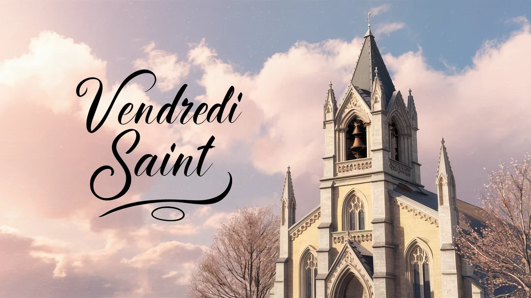 Une église de style gothique se dresse sous un ciel crépusculaire rose, avec le texte calligraphié 'Vendredi Saint' superposé sur les nuages.