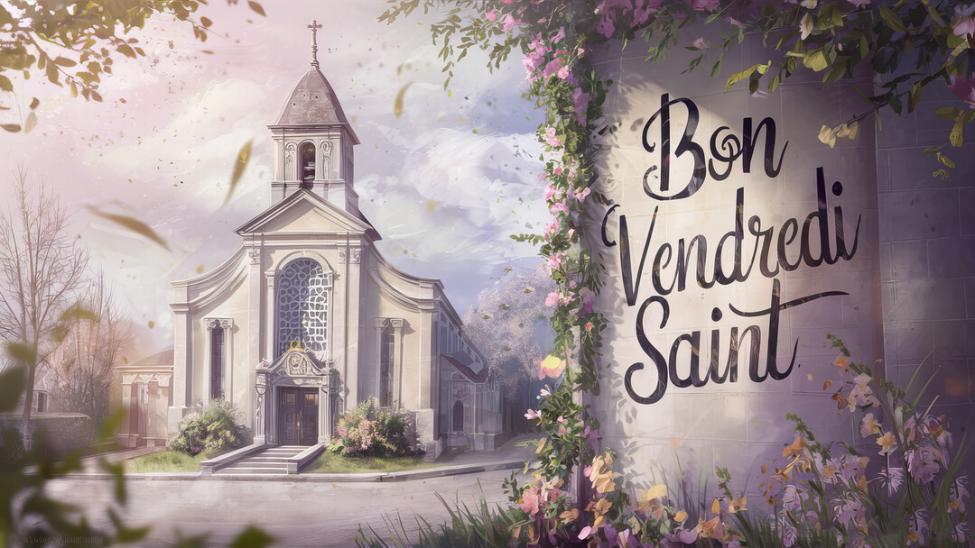Une illustration poétique montrant une église sous un ciel doux, avec le message "Bon Vendredi Saint" inscrit sur un mur fleuri au premier plan.