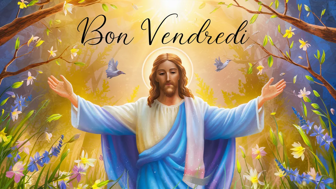 Jésus Christ se tient au centre, auréolé de lumière, bras ouverts au milieu d'une forêt printanière, avec deux colombes en vol.