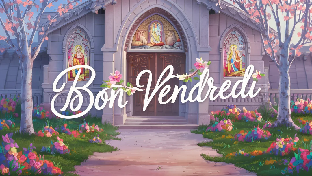 Une illustration d'une église en pierre avec des vitraux, un parterre de fleurs colorées et le message 'Bon Vendredi' en calligraphie blanche.