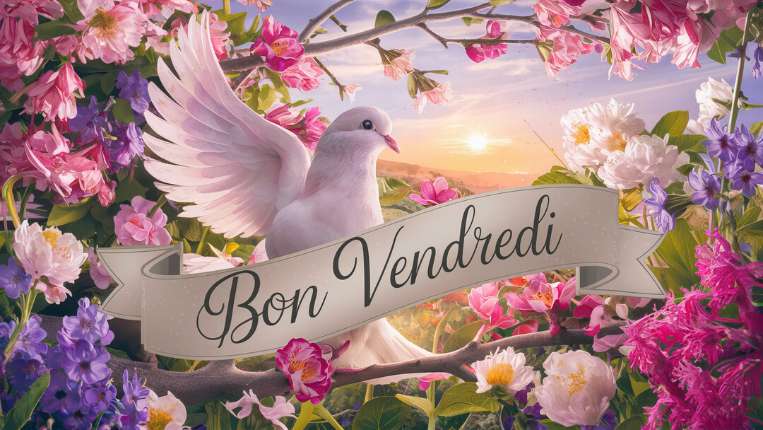 Une composition artistique montrant une colombe blanche entourée de fleurs roses et violettes, avec une bannière au centre où est écrit 'Bon Vendredi'.