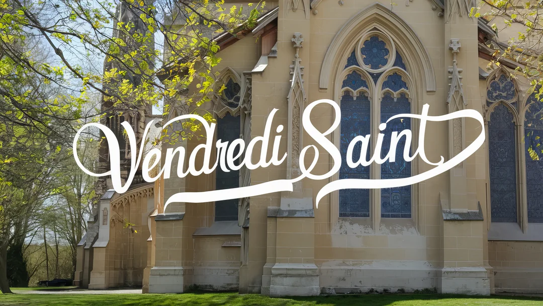 Photographie d'une église en pierre de style gothique, baignée de soleil, avec des arbres verdoyants et l'inscription calligraphiée 'Vendredi Saint' au premier plan.