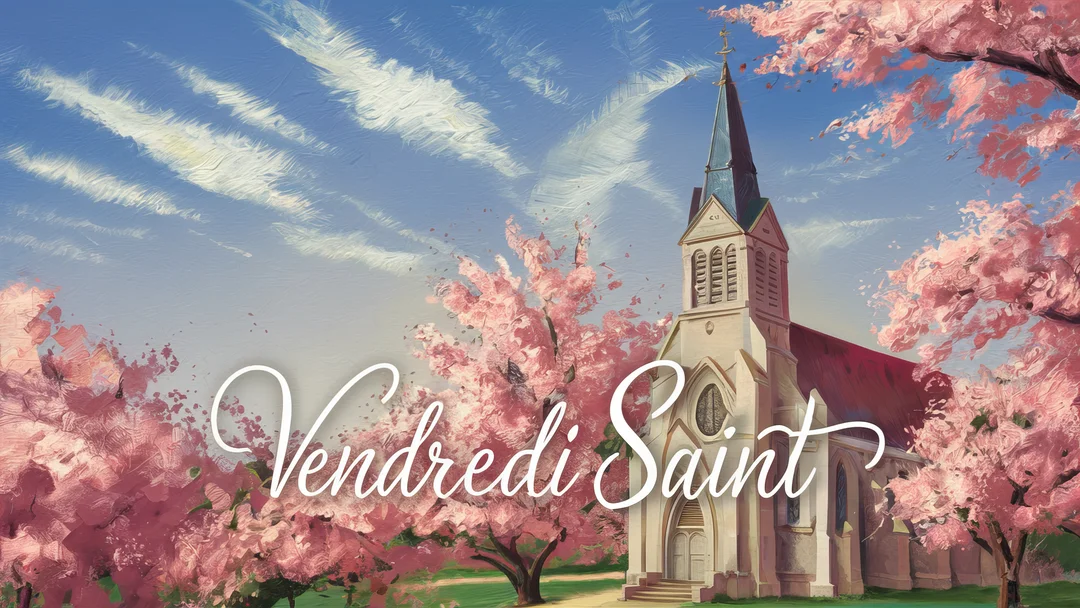 Une peinture numérique d'une église traditionnelle au printemps, encadrée par des cerisiers aux fleurs roses sous un ciel bleu avec des nuages blancs.