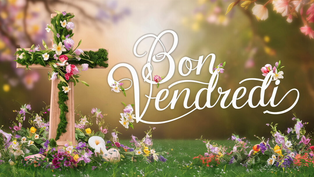 Une croix en bois ornée de fleurs colorées et de mousse se dresse dans un champ verdoyant, avec l'inscription calligraphiée 'Bon Vendredi'.