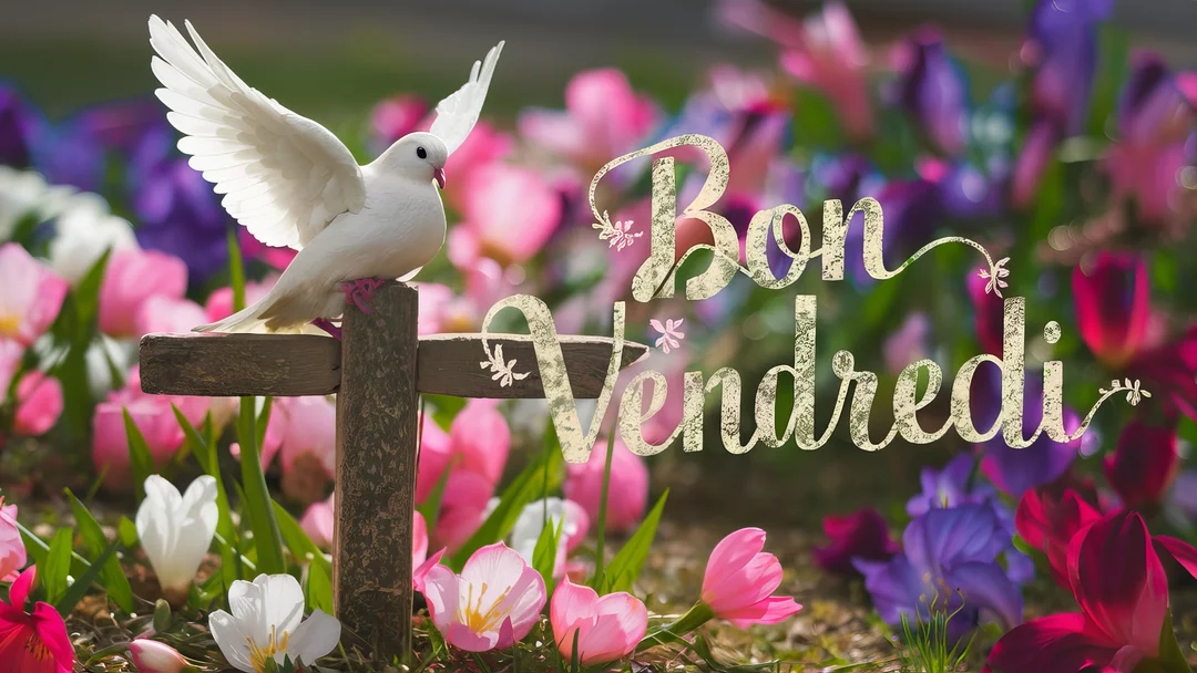 Une colombe blanche aux ailes déployées est perchée sur une croix en bois, entourée d'un champ de tulipes multicolores sous une lumière douce.