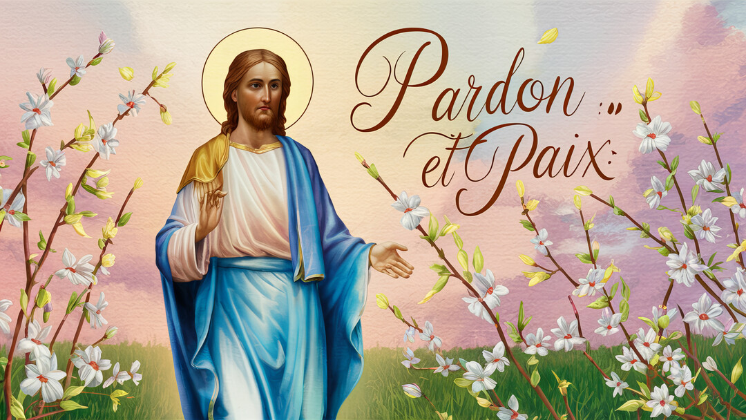 Jésus-Christ, auréolé, se tient dans un pré fleuri, la main levée en signe de bénédiction, avec l'inscription calligraphiée 'Pardon et Paix'.