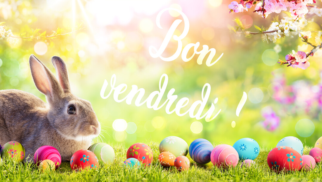Un lapin brun est assis dans l'herbe verte parmi des œufs de Pâques peints, avec un arrière-plan ensoleillé et fleuri.