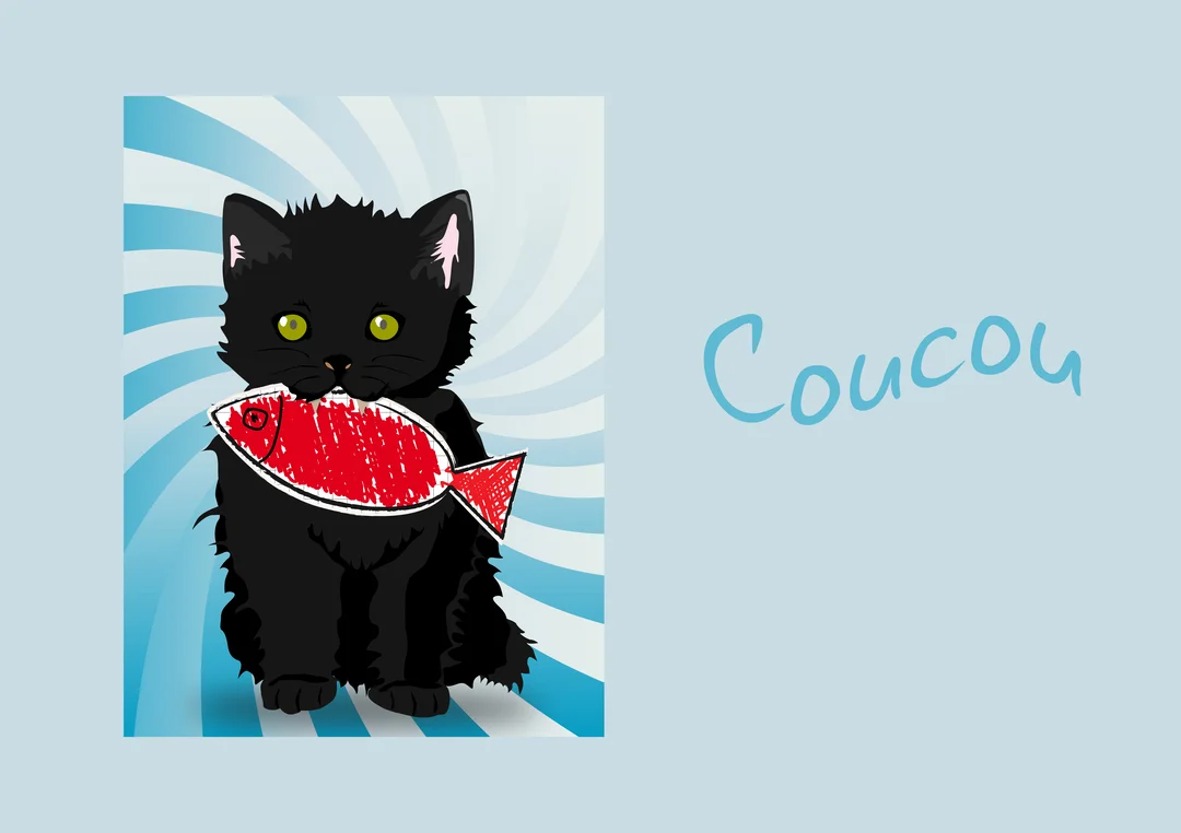 Un chaton noir illustré, aux yeux verts, est assis et tient un dessin rouge de poisson dans sa gueule, avec 'Coucou' écrit à côté.