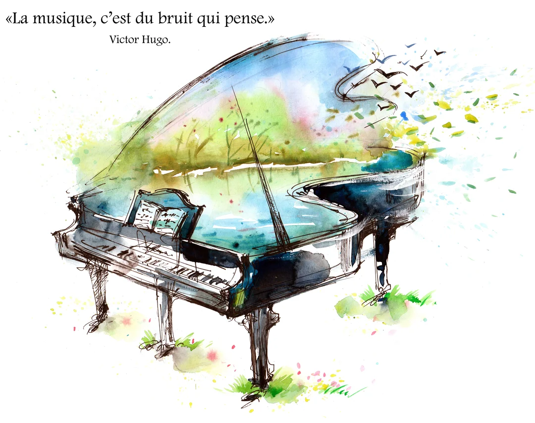 Un piano à queue noir dessiné à l'aquarelle, dont le couvercle ouvert reflète un paysage naturel avec des oiseaux qui s'envolent.