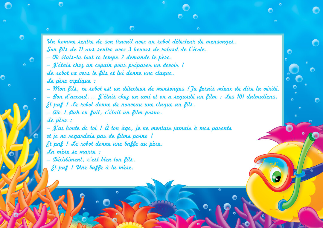 Cette carte de vœux pour le Poisson d'avril présente une blague sur un fond aquatique, avec un poisson cartoon, des coraux et des bulles.