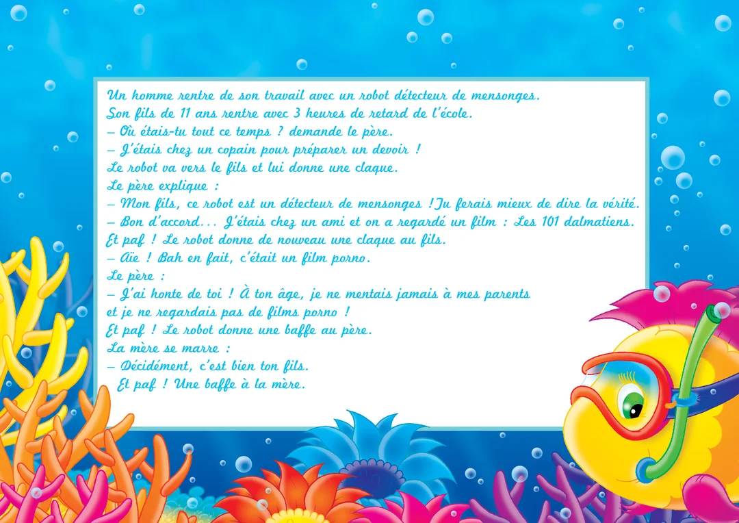 Cette carte de vœux pour le Poisson d'avril présente une blague sur un fond aquatique, avec un poisson cartoon, des coraux et des bulles.
