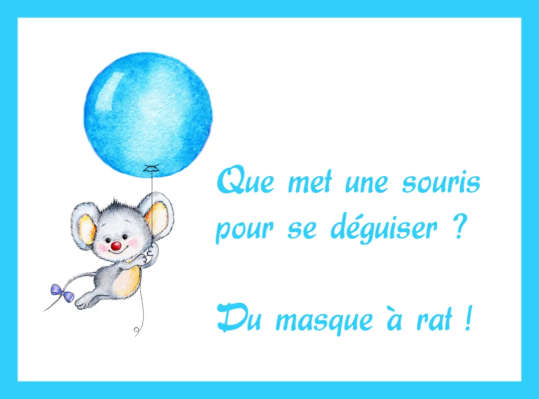 Une adorable souris dessinée au crayon s'accroche à un grand ballon bleu, flottant à cÎté d'une blague amusante sur un fond blanc épuré.