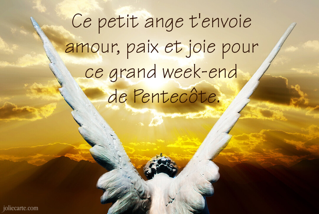 Vue de dos d'une statue d'ange aux ailes blanches déployées, contemplant un ciel doré et nuageux au-dessus de montagnes au crépuscule.