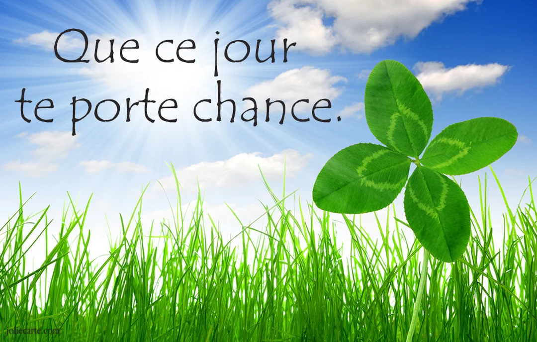 Un trèfle à quatre feuilles se dresse dans l'herbe verte sous un ciel bleu lumineux, avec le texte 'Que ce jour te porte chance'.
