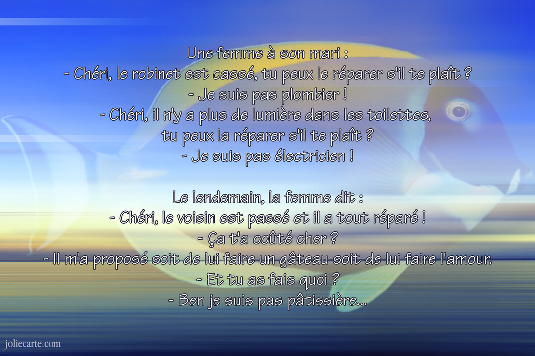 Une carte de Poisson d'avril présentant une blague écrite en blanc sur l'image stylisée d'un poisson jaune et bleu sur un fond marin.