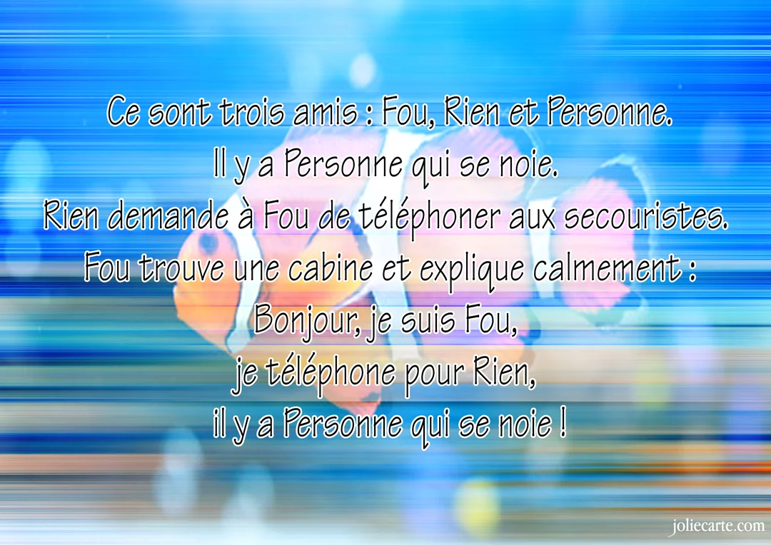 Une carte de vœux pour le Poisson d'avril affichant une blague populaire sur un fond bleu flouté avec un poisson-clown orange.