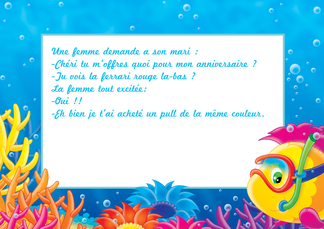 Un poisson jaune de dessin animé avec un masque de plongée sourit à côté d'un texte, sur un fond marin coloré.