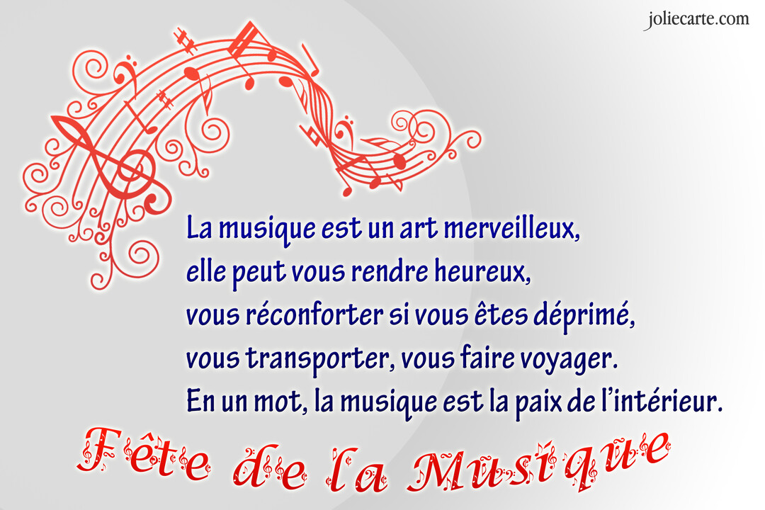 Carte de vœux sur fond gris clair avec un texte poétique sur la musique, surmonté de notes de musique rouges stylisées.