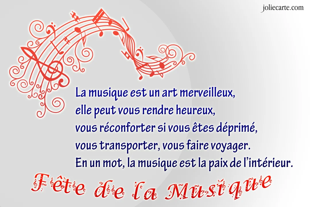 Carte de vœux sur fond gris clair avec un texte poétique sur la musique, surmonté de notes de musique rouges stylisées.