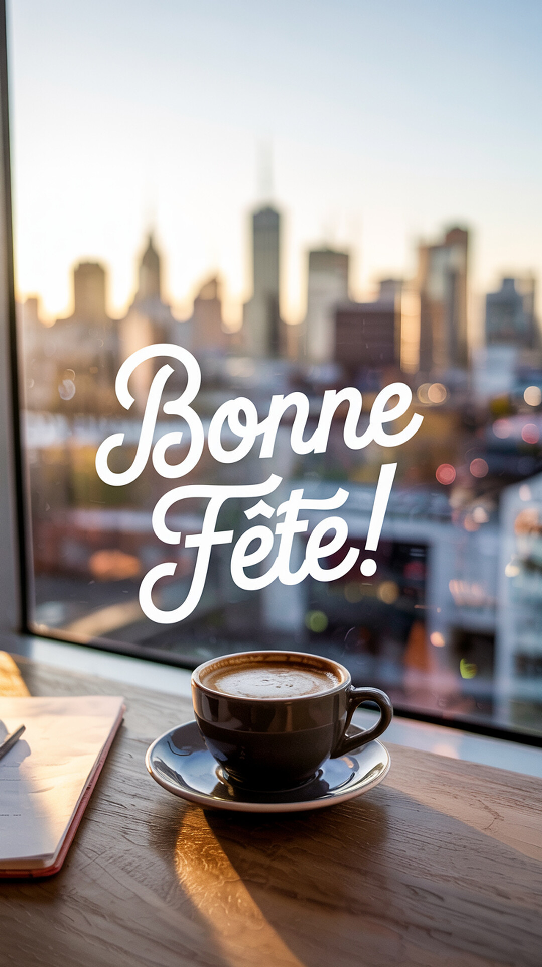 Une tasse de café noir est posée sur une table en bois près d'une fenêtre donnant sur une ville floue au crépuscule.