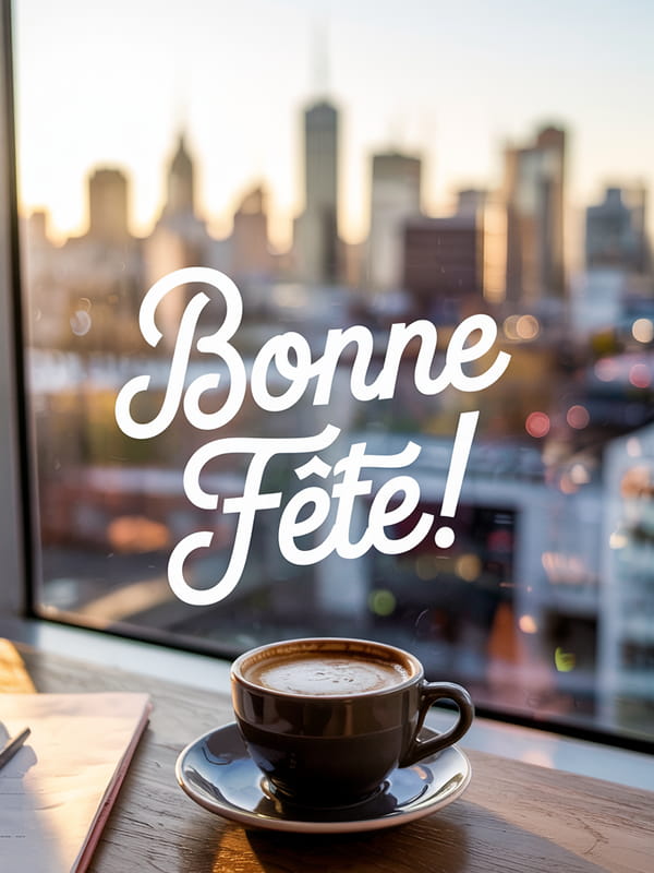 Carte 'Bonne Fête' pour une maman. Tasse de café sur une table, avec en fond une vue sur une ville au soleil couchant.