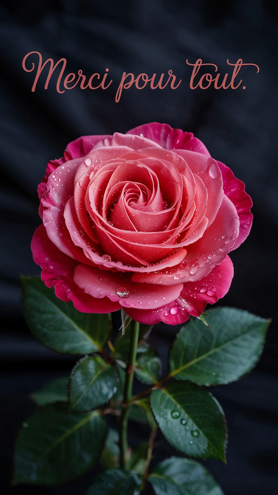 Une unique rose rose, ses pétales perlés de gouttes d'eau, se détache sur un fond noir, accompagnée du texte manuscrit 'Merci pour tout'.