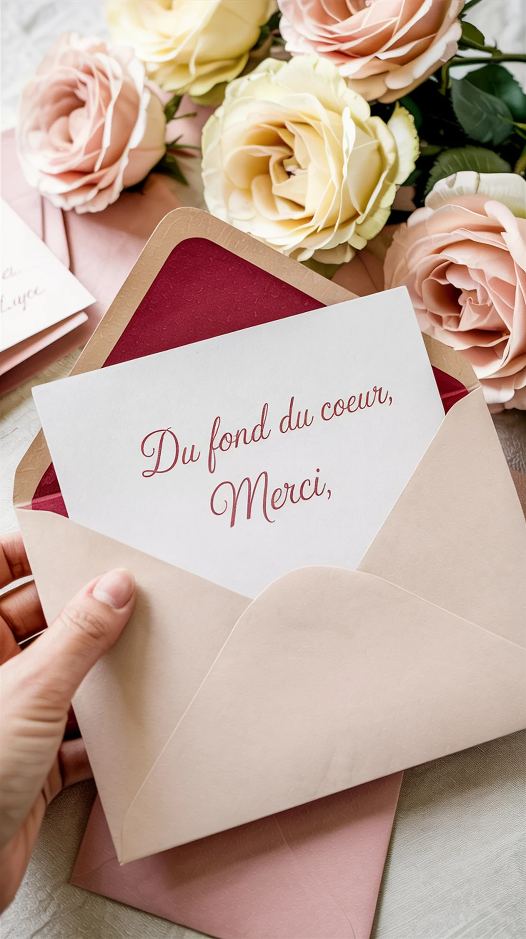 Une main tient une enveloppe ouverte contenant une carte de remerciement, posée devant un délicat bouquet de roses roses et crèmes.
