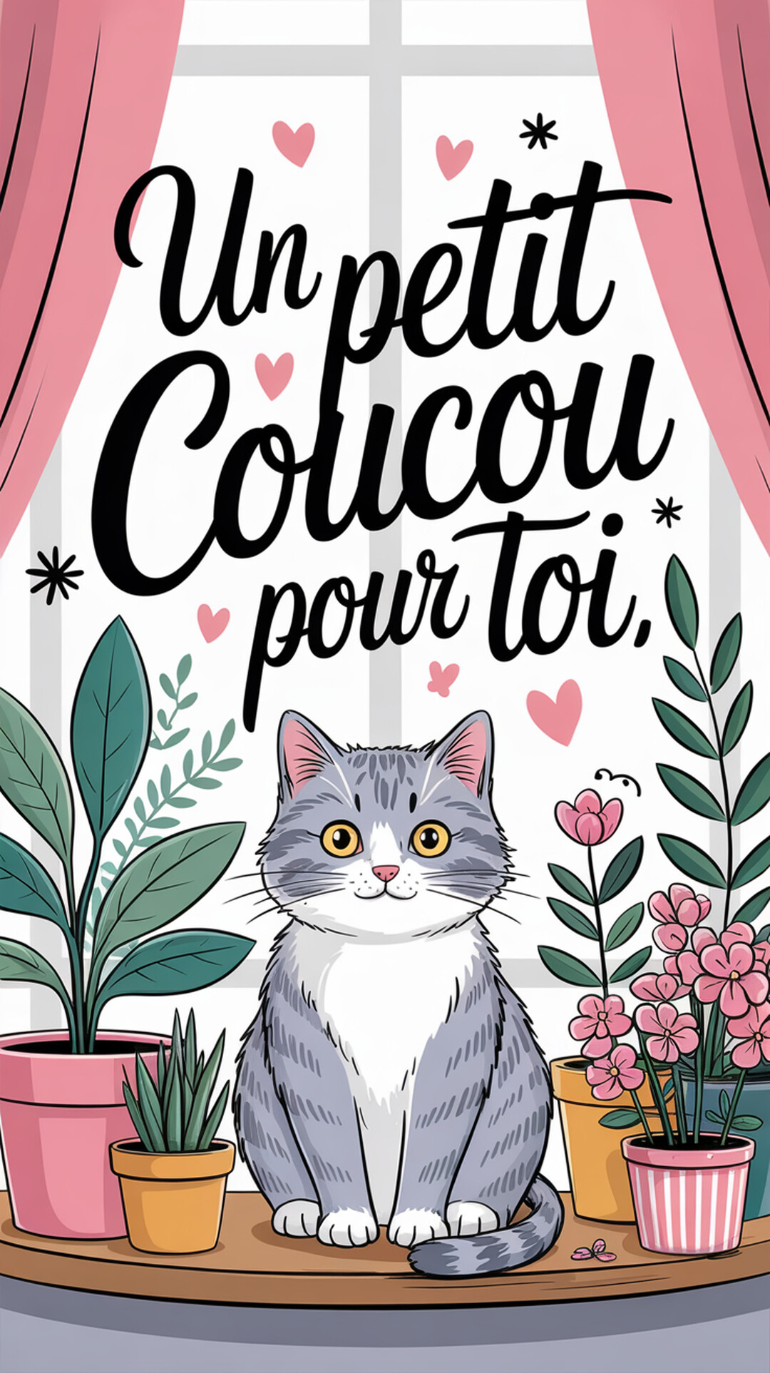 Un chat gris et blanc est assis sur un rebord de fenêtre entre des plantes en pot, sous le texte calligraphié 'Un petit Coucou pour toi'.