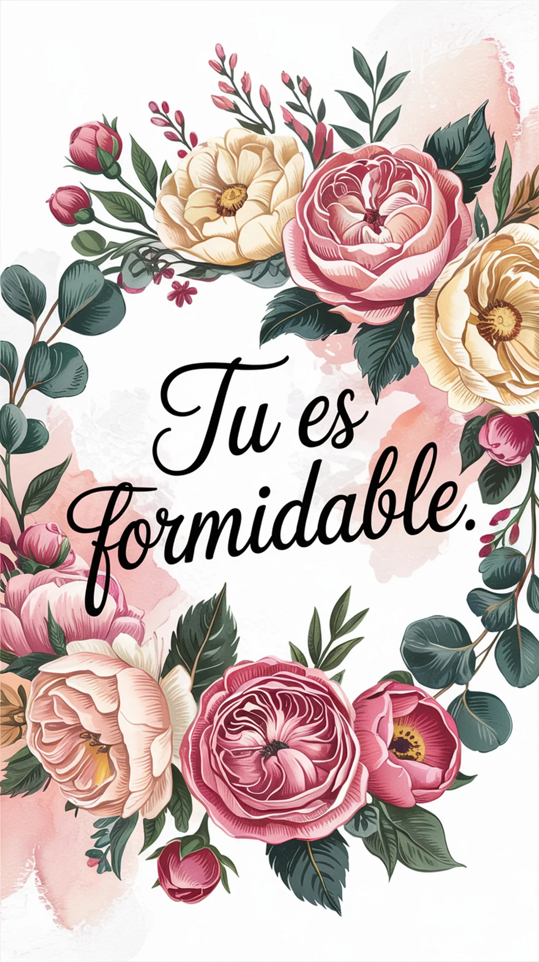 Une carte de vœux verticale avec l'inscription 'Tu es formidable' au centre, encadrée par une illustration de roses et feuillage style aquarelle.