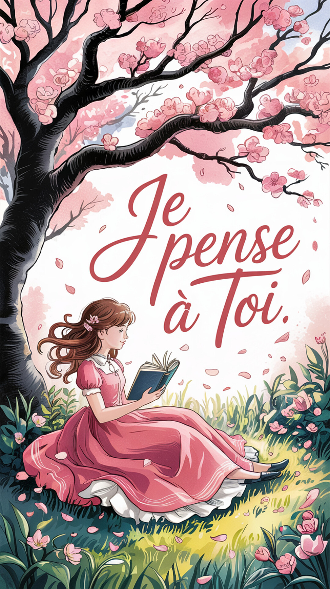 La scène de cette carte montre une jeune femme brune en robe rose, assise dans l'herbe et lisant un livre sous un grand cerisier fleuri.