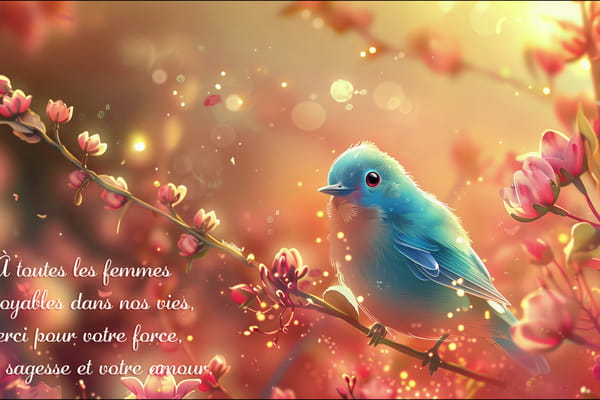 Carte de remerciement pour la Journée de la Femme, illustrée d'un oiseau bleu délicat sur une branche fleurie rose, dans une ambiance lumineuse et poétique.