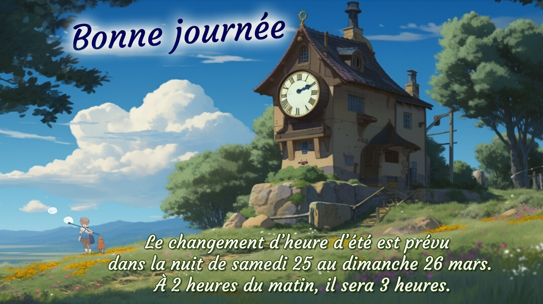 Une illustration bucolique montre une tour avec une grande horloge sur une colline, sous un ciel d'été, rappelant le changement d'heure.