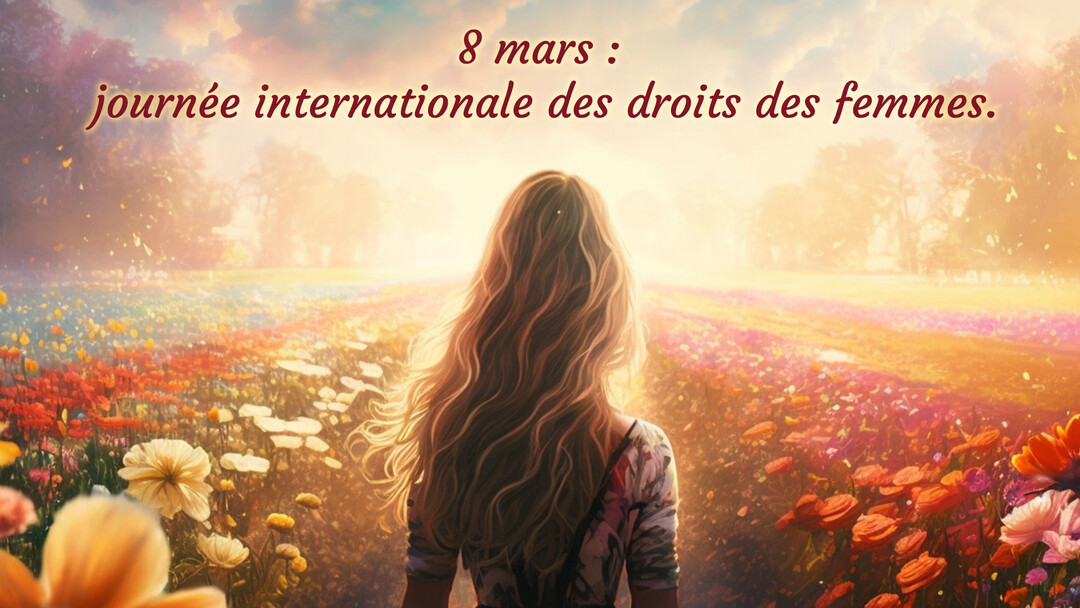 Une femme de dos, aux longs cheveux ondulés, regarde un champ fleuri baigné par la lumière dorée d'un lever ou coucher de soleil.