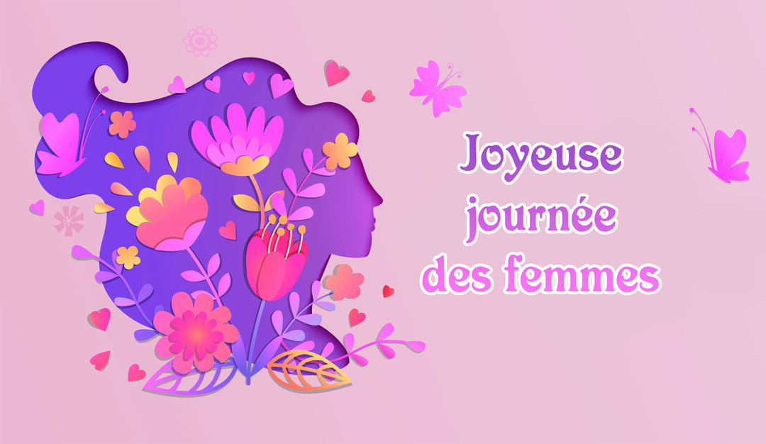 Une illustration de style découpage papier montrant la silhouette d'une femme remplie de fleurs colorées, sur un fond rose poudré.