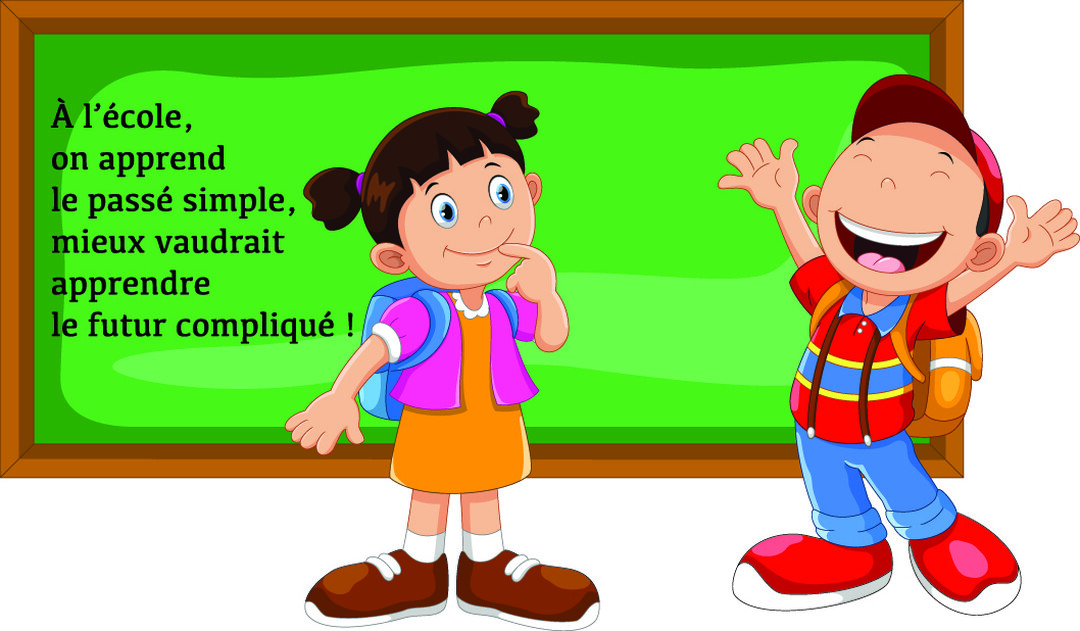 Deux enfants de dessin animé, un garçon joyeux et une fille pensive, se tiennent devant un tableau noir qui affiche une citation humoristique.