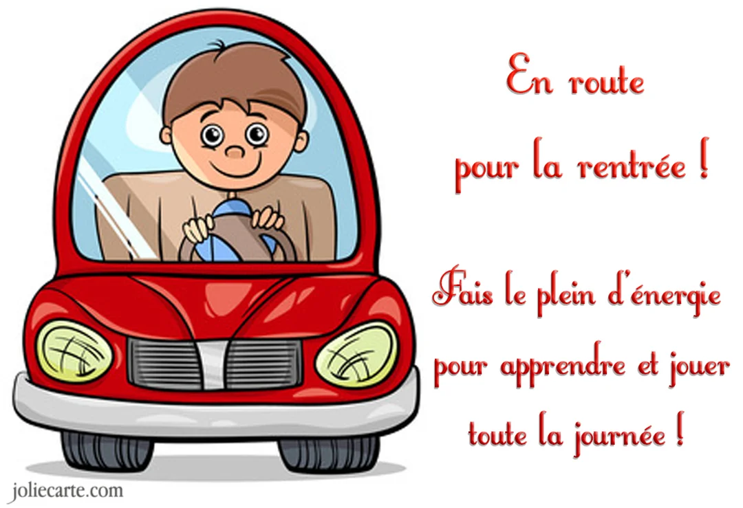 Un dessin d'un jeune garçon aux cheveux bruns souriant, conduisant une voiture rouge de style cartoon sur un fond blanc uni.