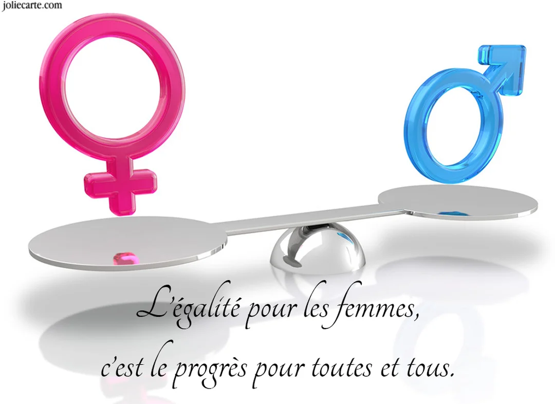 Une balance de justice argentée en équilibre parfait, avec le symbole féminin rose sur un plateau et le symbole masculin bleu sur l'autre.